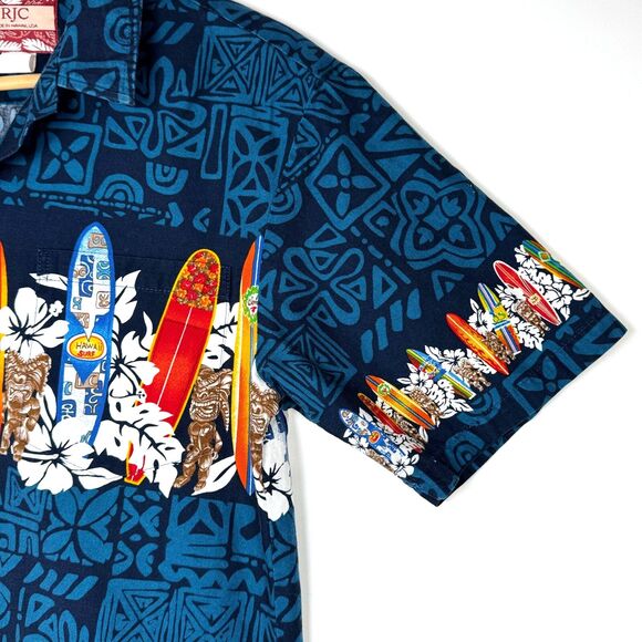 RJC Hawaii Aloha Shirt Mens Medium Blue Surfboard Tiki Floral Camp Button Up - Picture 3 of 9